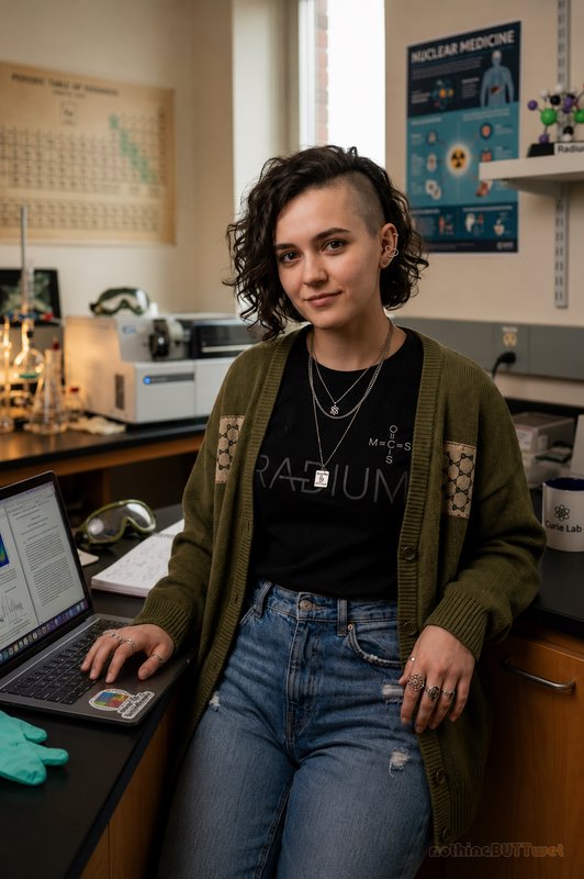 Young female chemistry researcher sits on a lab bench next to a work laptop in a sunlit universit...