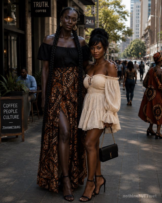 [Two stylish Black women pose on a sunlit downtown Johannesburg city sidewalk outside a local coffee shop]