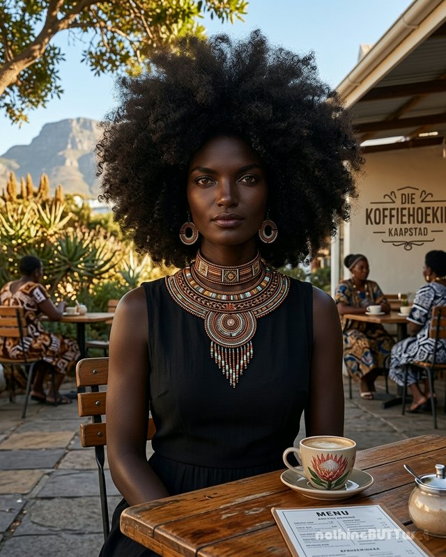 Elegant Black woman wearing traditional beaded jewelry sits at a sunlit Cape Town outdoor cafe, T...