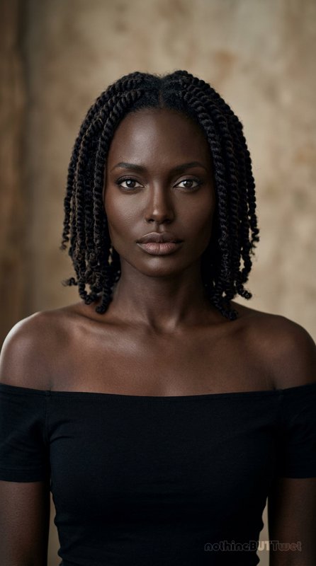 Studio portrait of a poised Black woman with short twist braids, wearing an off-shoulder black to...