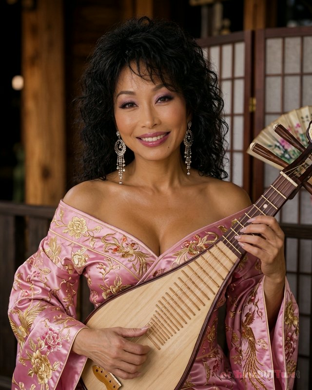 Smiling East Asian woman holds a traditional pipa, wearing a pink gold-embroidered silk robe in a...