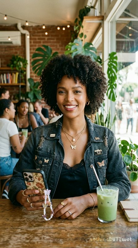 Smiling Black woman with curly afro holds a smartphone at a cozy cafe table with an iced matcha d...