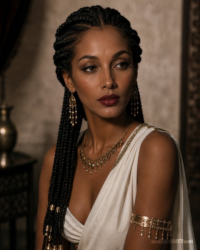 Regal portrait of an ancient Egyptian queen with braided hair, ornate gold jewelry, and draped wh...