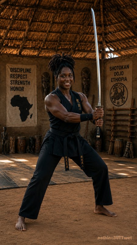 Muscular Black female martial artist holds a katana in fighting stance inside a traditional Shoto...