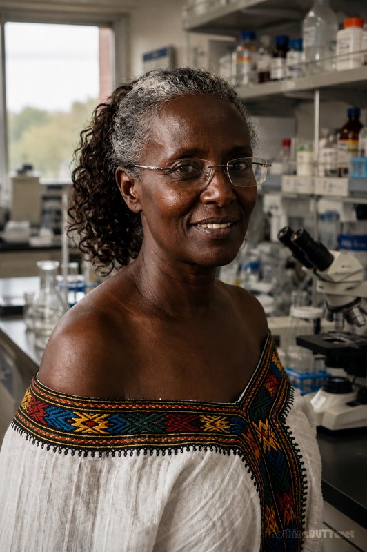 Smiling senior Black woman scientist in traditional embroidered top poses in a well-equipped rese...