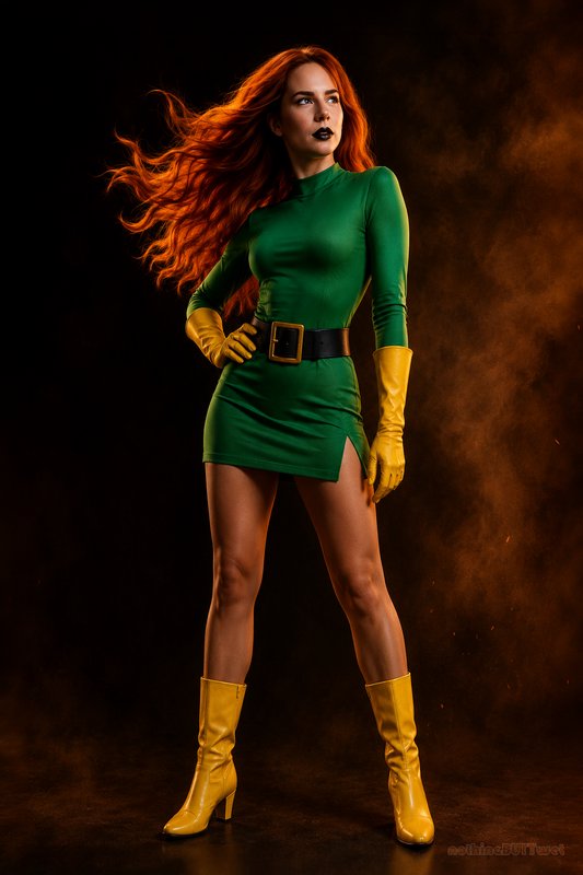Cosplayer portraying Jean Grey stands confidently, windswept red hair, green superhero dress, yel...