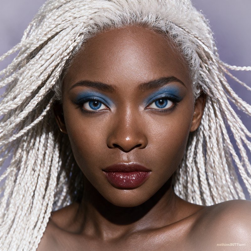 Closeup portrait of a Black woman with white box braids, striking blue eyes, bold blue eyeshadow,...