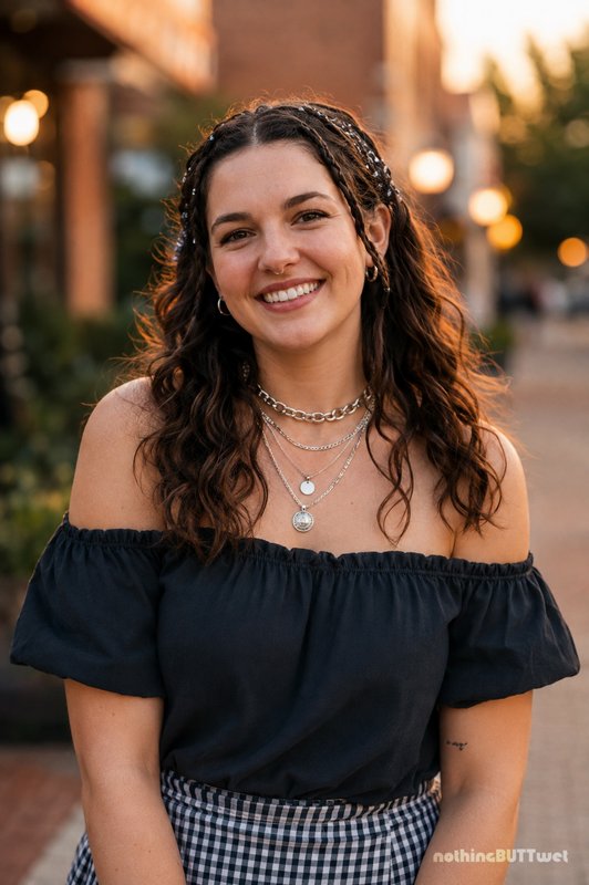 Smiling young woman with curly braided hair stands on a downtown pedestrian street at golden hour