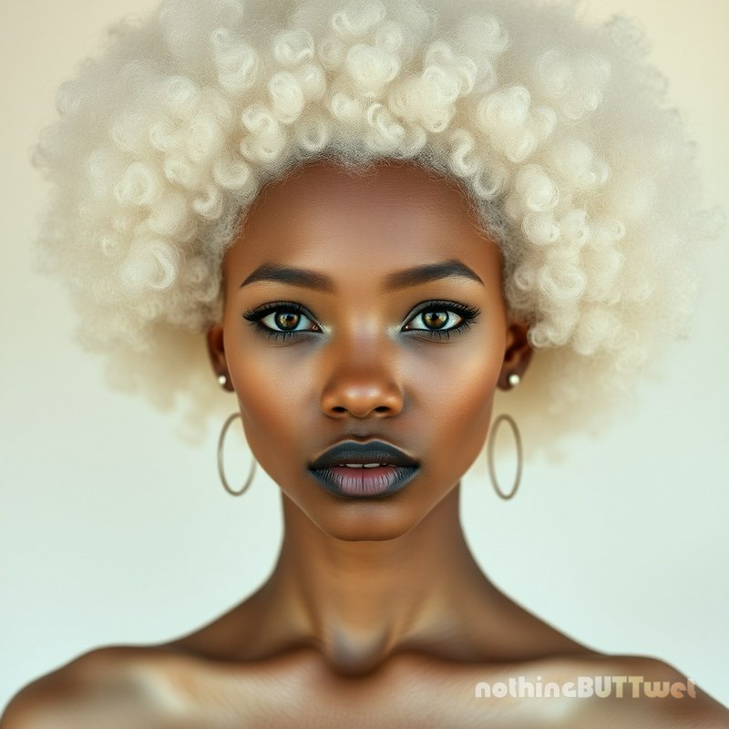 Close-up studio portrait of a Black woman with voluminous platinum blonde curly afro