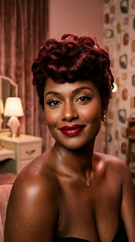 Elegant Black woman with deep red vintage curly updo smiles softly in a retro mid-century bedroom