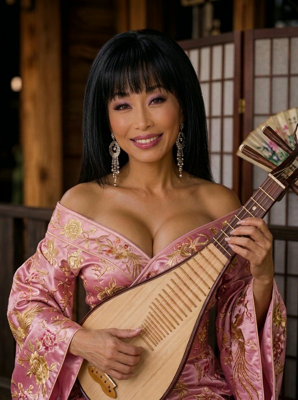 Smiling East Asian woman holding a traditional pipa while wearing an embroidered pink silk robe