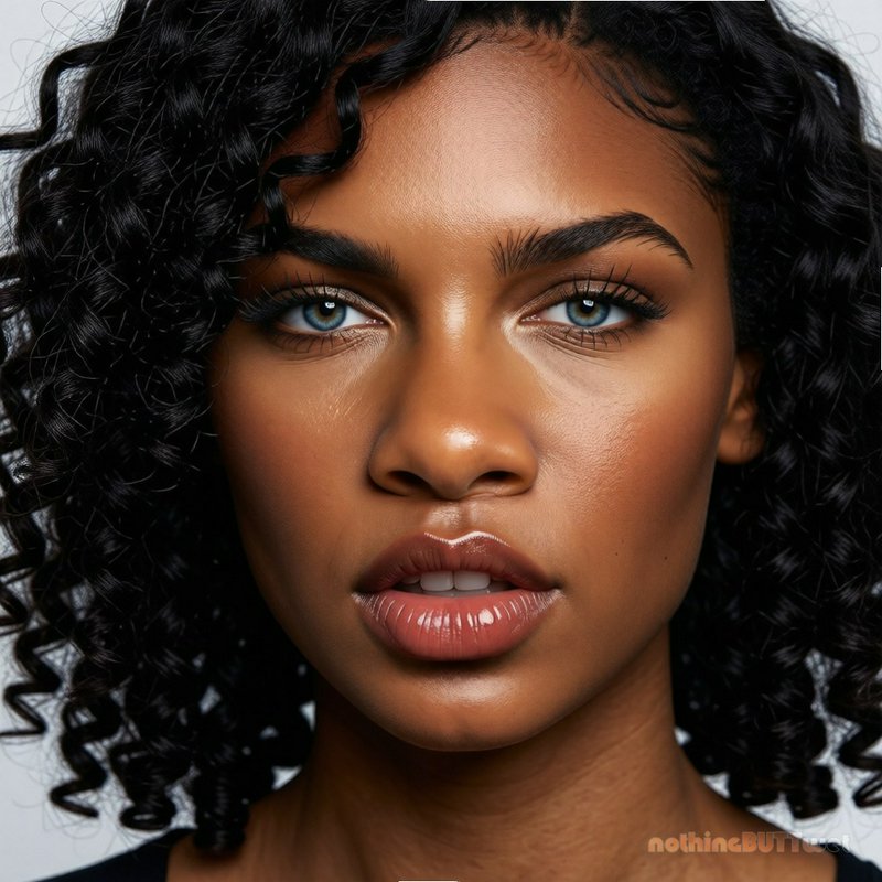 Close-up portrait of a Black woman with voluminous curly black hair and striking bright blue eyes