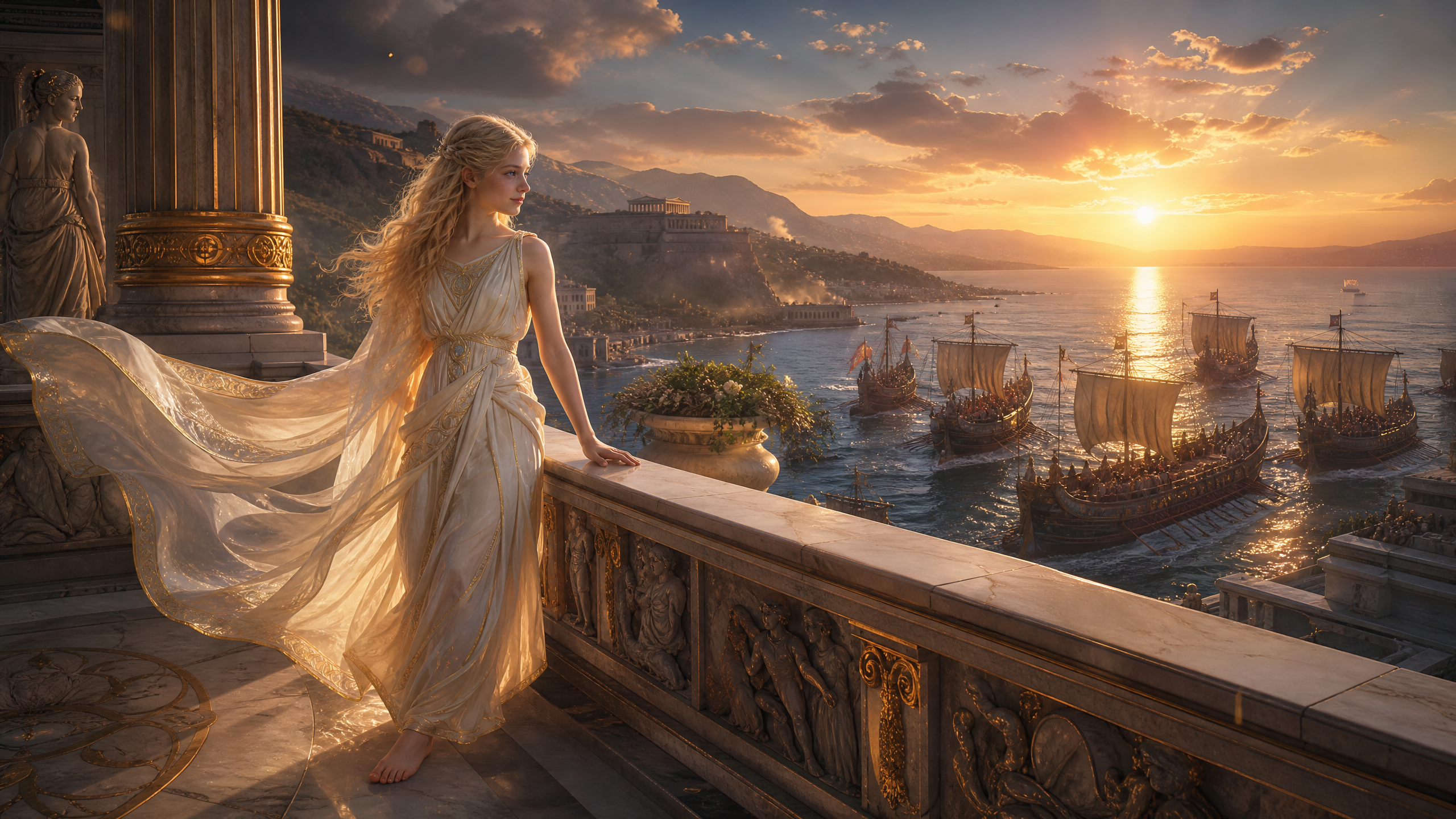 Woman in a flowing gown standing on a marble balcony overlooking a sunset harbor with ships.