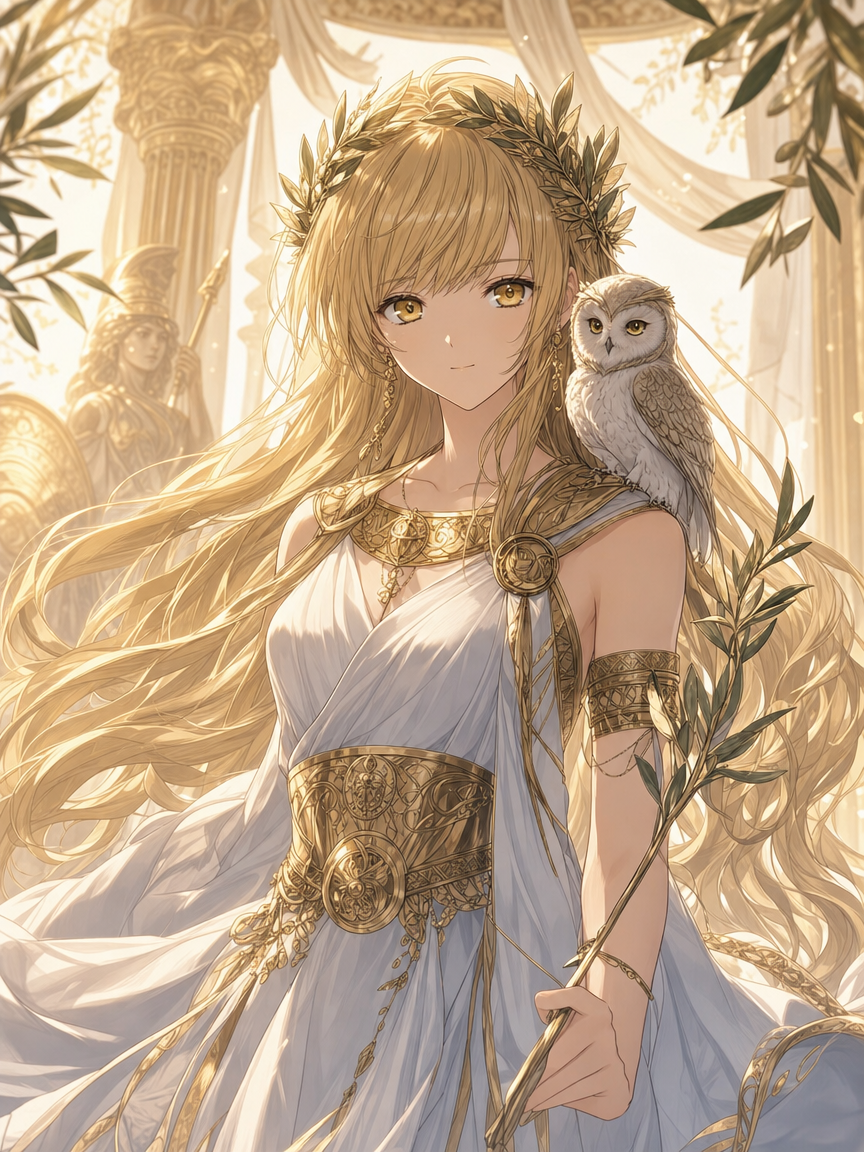 Anime-style woman in a white goddess dress with a laurel crown and an owl on her shoulder.