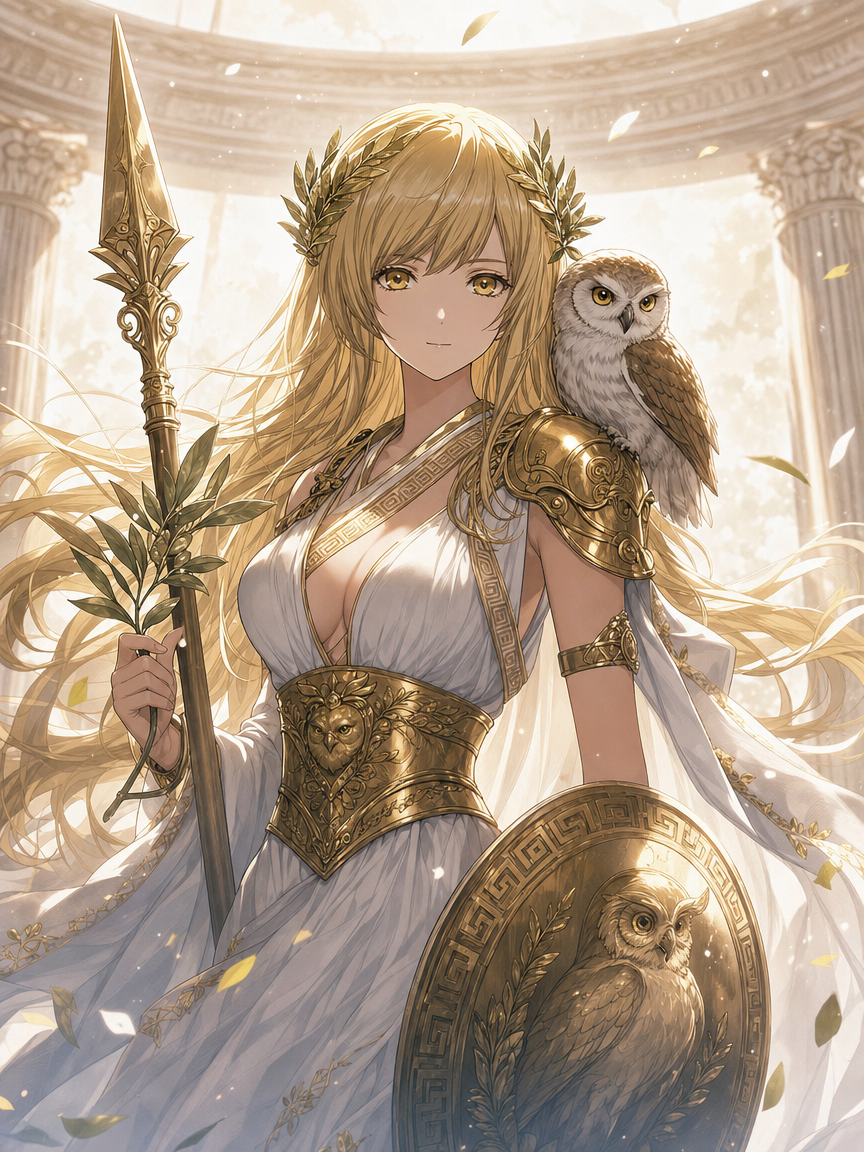 Blonde warrior goddess in a white gown with golden armor, holding a spear and shield, owl perched on her shoulder.