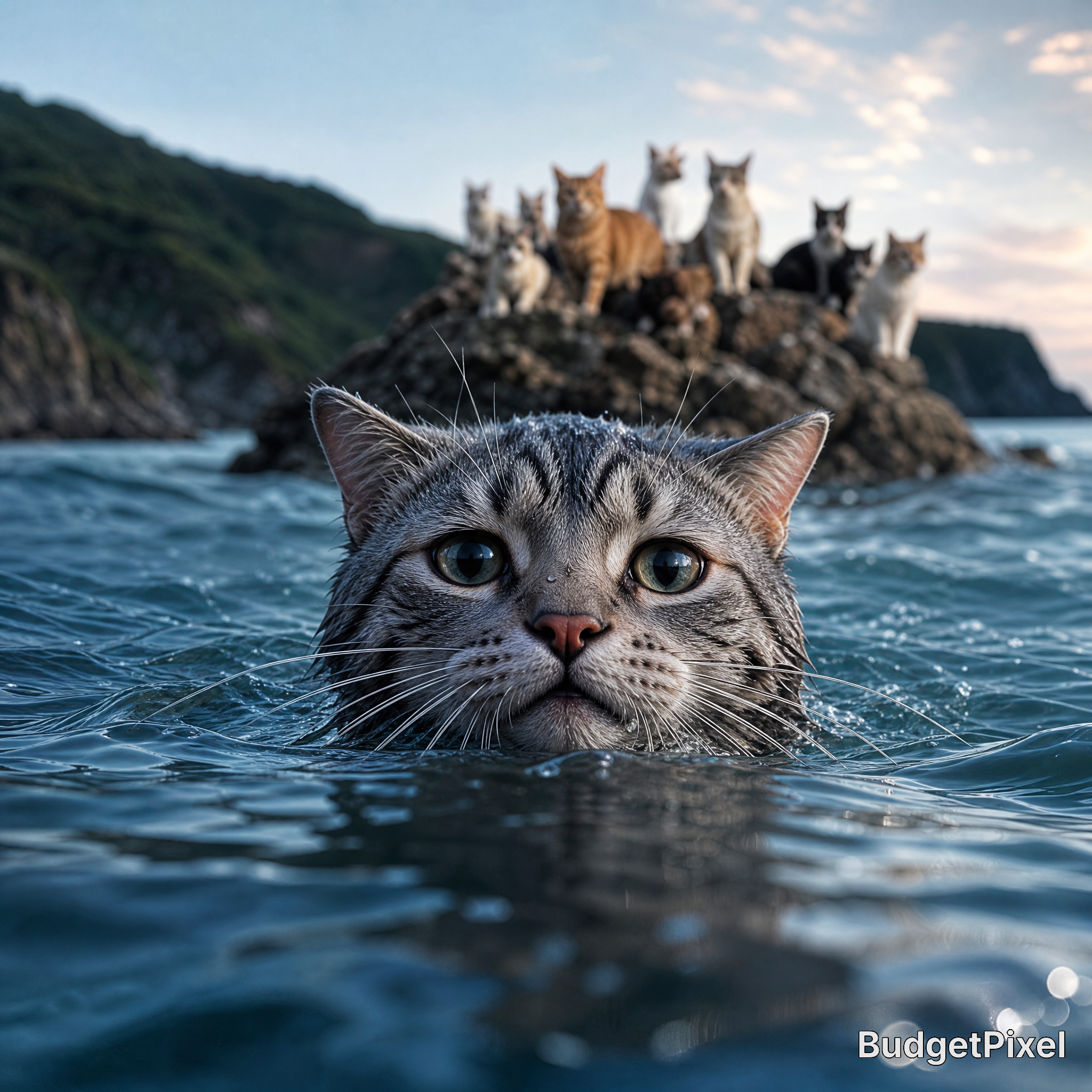 Gray tabby cat swimming in ocean water with a rocky island and a group of cats onshore in the background.