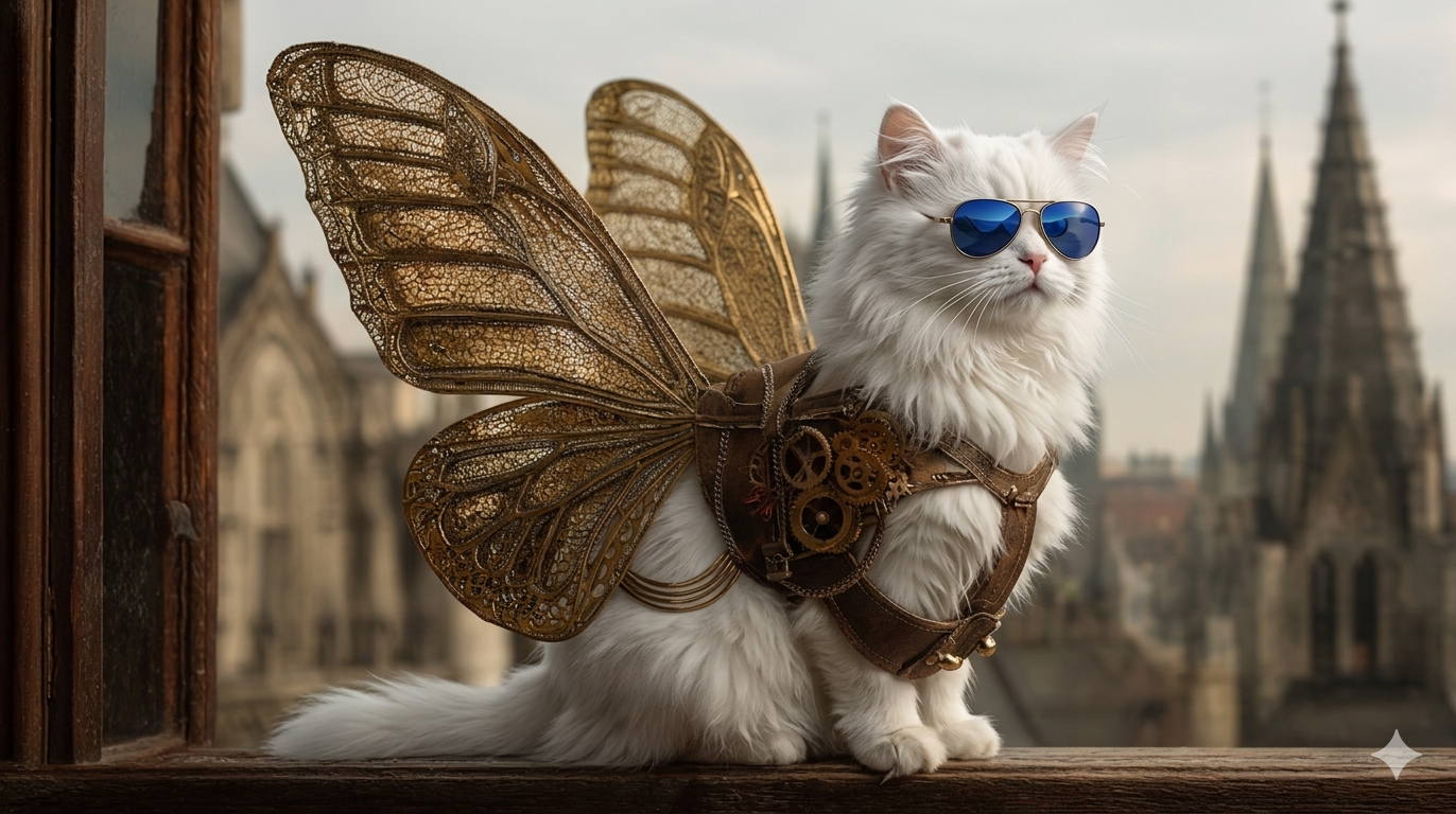 Fluffy white cat wears blue aviator sunglasses and a steampunk harness with golden fairy wings, perched on a windowsill ov...