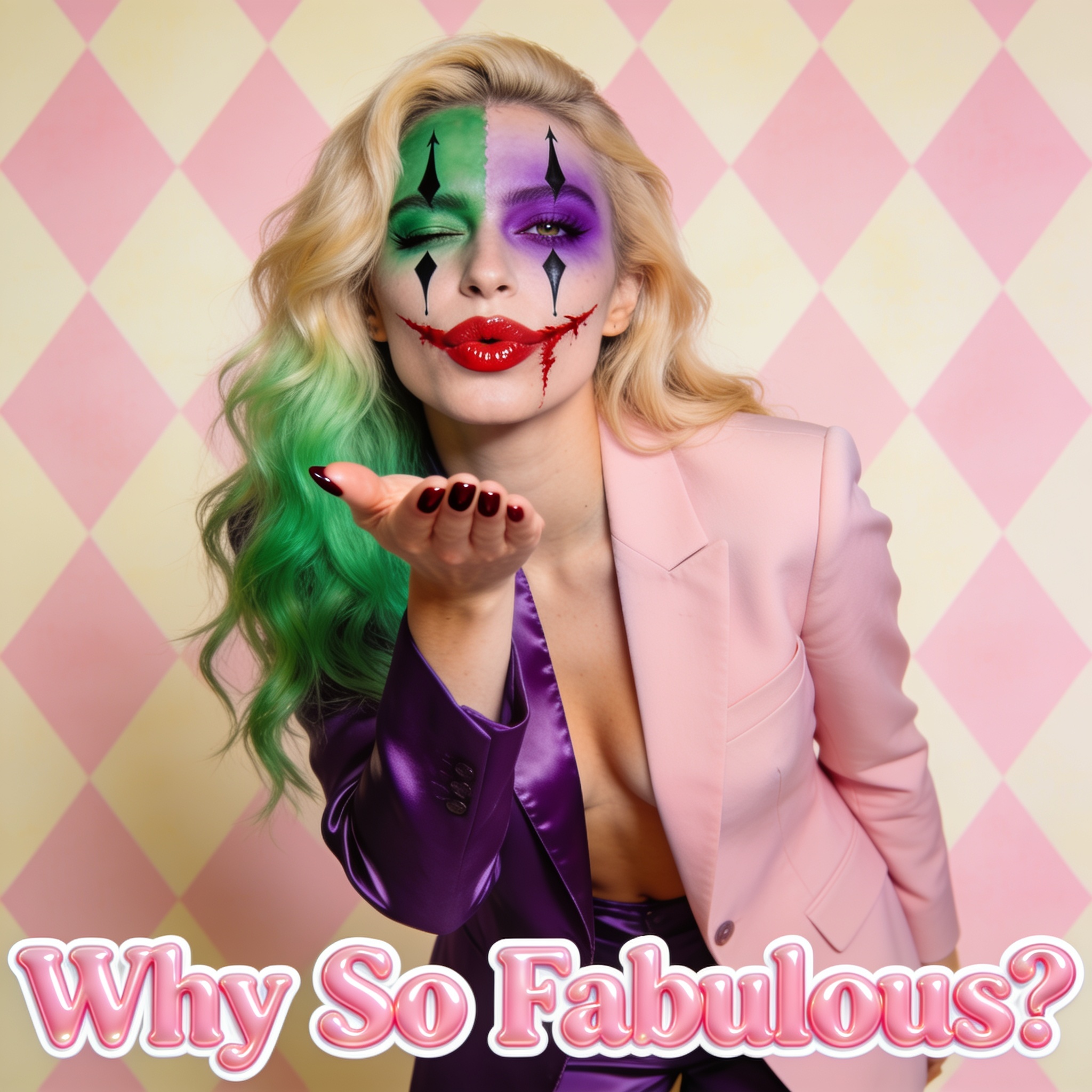 [Glam harlequin joker cosplayer blows a kiss, split face makeup, mismatched blazer, "Why So Fabulous?" text over pastel di...