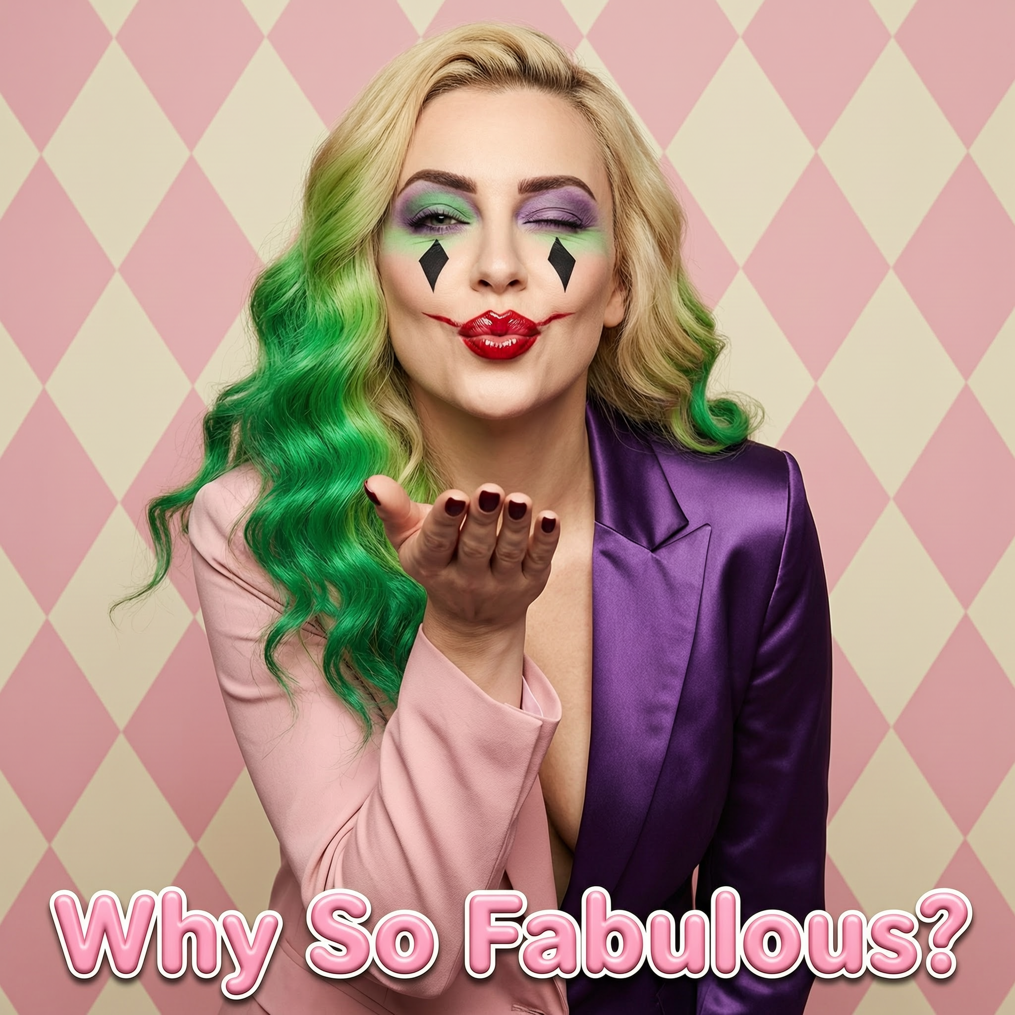 Glamorous woman in joker makeup blows a kiss, "Why So Fabulous?" text over pink argyle background