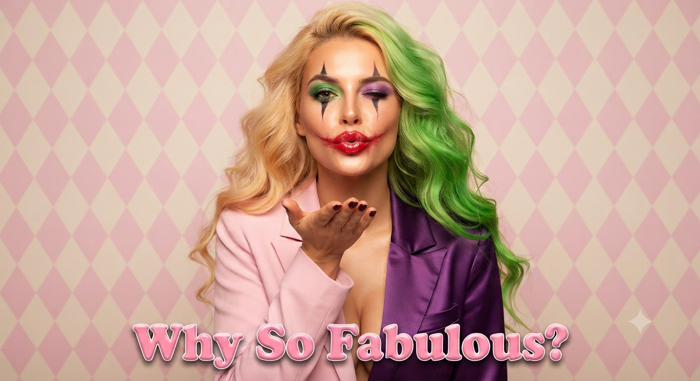 [Glamorous Joker-inspired cosplay woman blows a kiss, half blonde half green hair, with "Why So Fabulous?" text over a har...