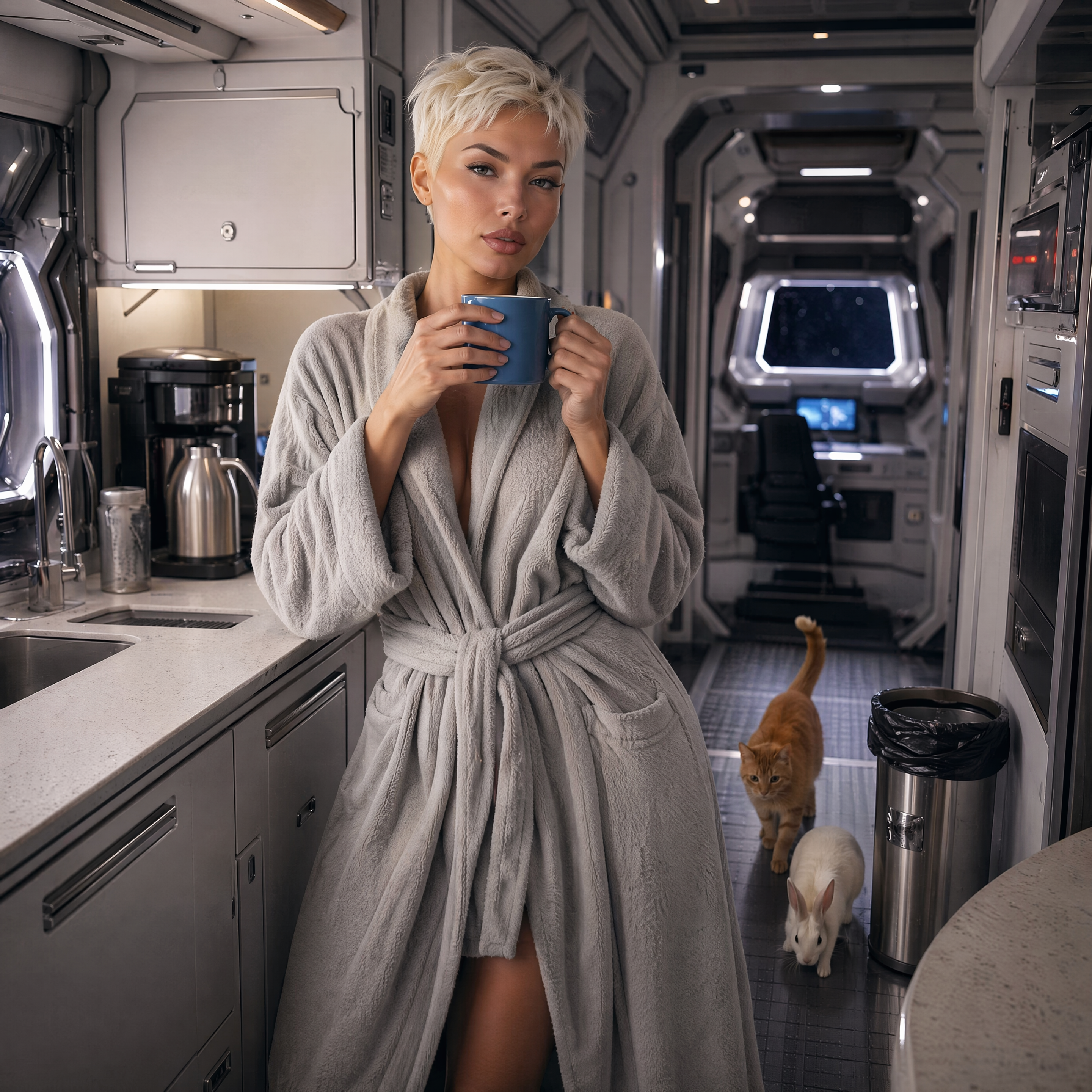 [Woman in plush gray bathrobe holds a blue coffee mug in a futuristic spaceship kitchen, with an orange cat and white rabb...