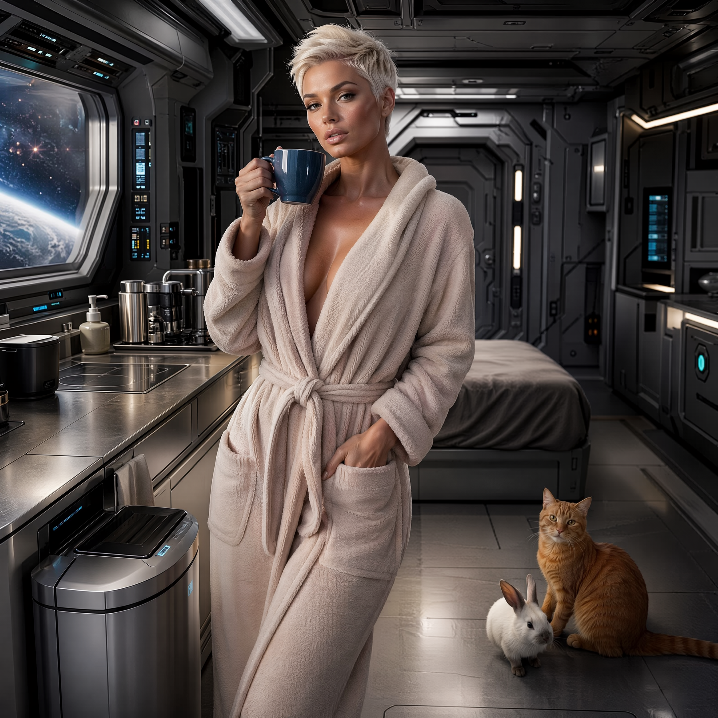 [Platinum blonde woman in plush bathrobe holds coffee in space station quarters, with cat, rabbit, and Earth visible throu...
