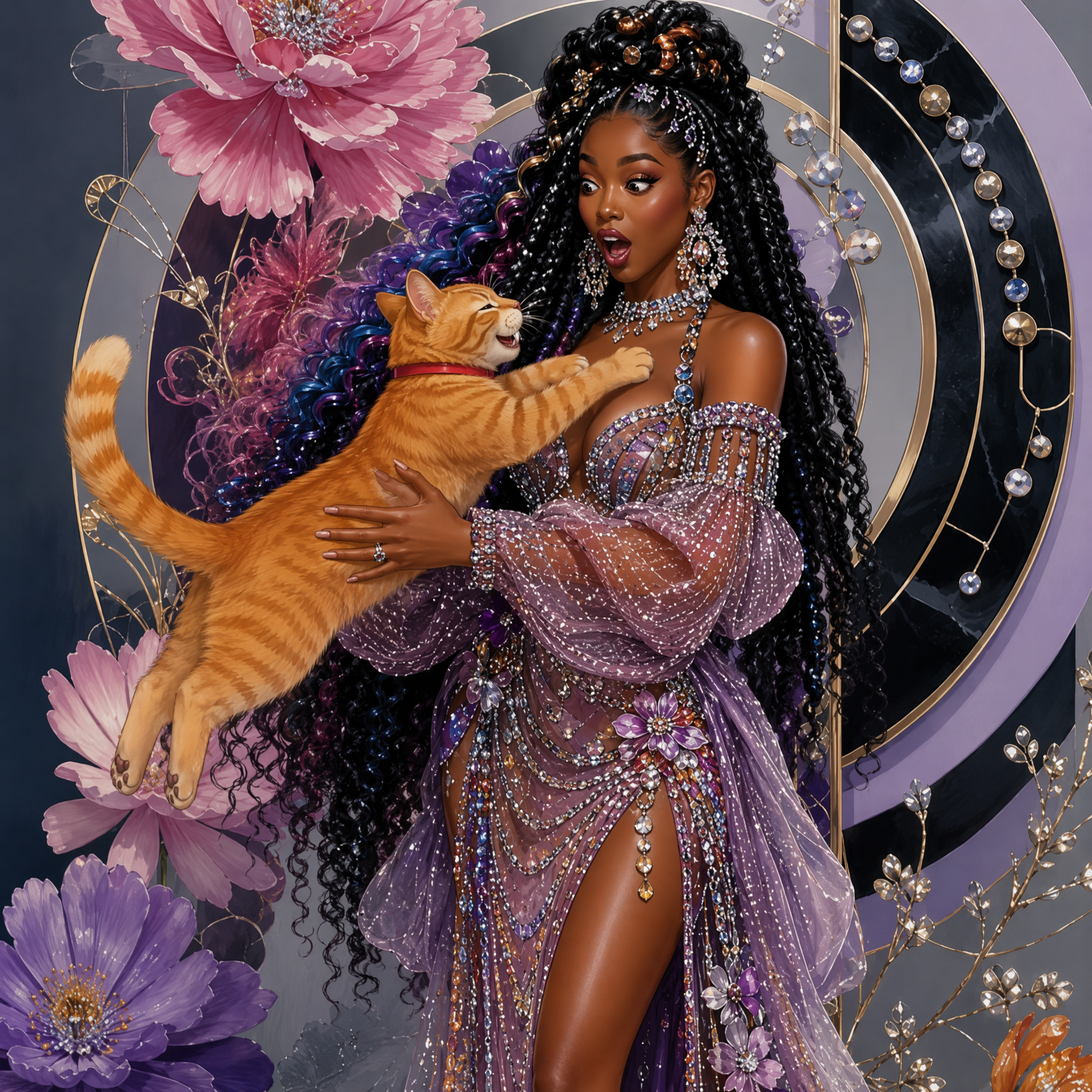 [Glamorous surprised Black woman in sparkling lavender gown holds a playful reaching orange tabby cat against an ornate fl...
