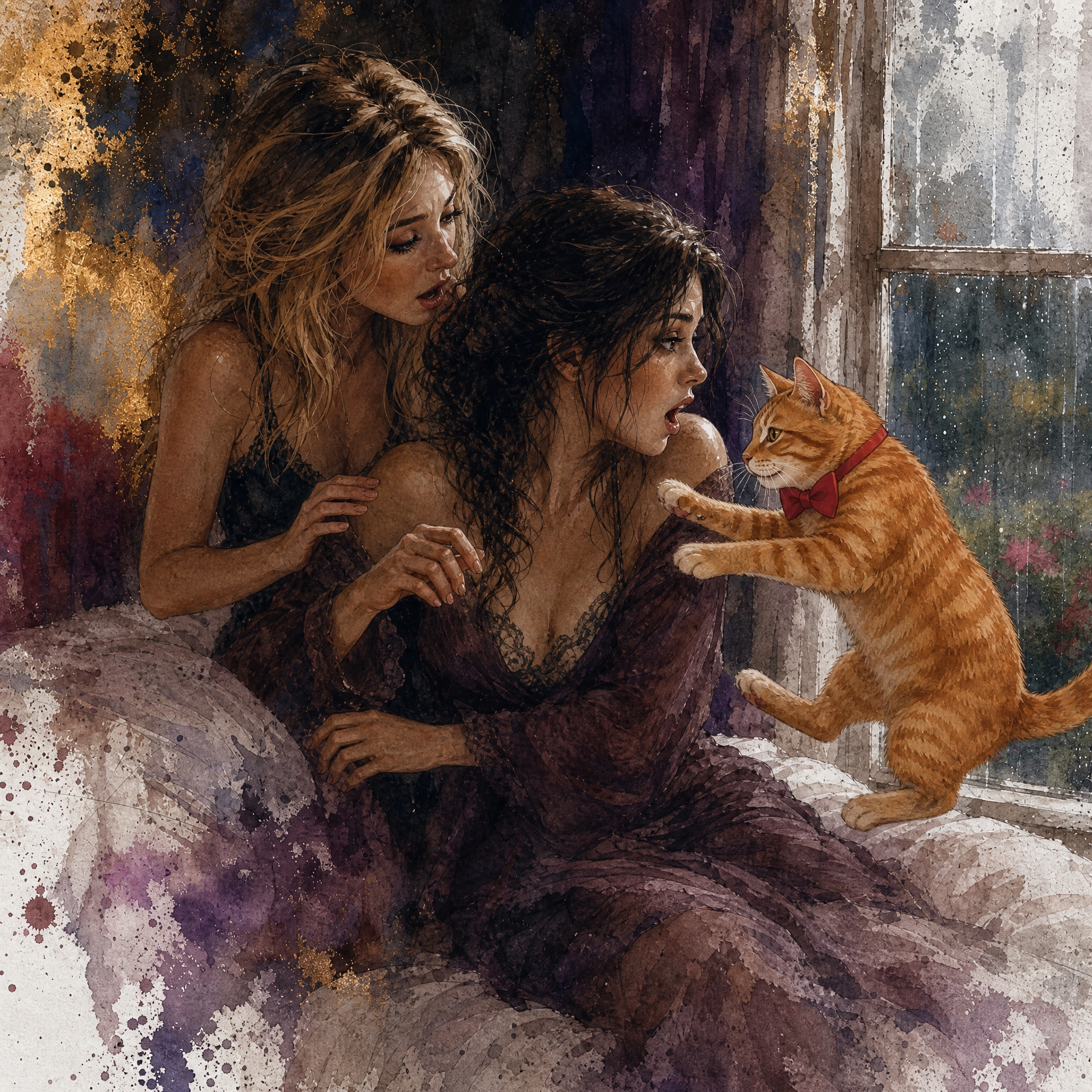 [Watercolor illustration of two surprised women on a bed interacting with a bow tie-wearing orange tabby cat by a rainy wi...