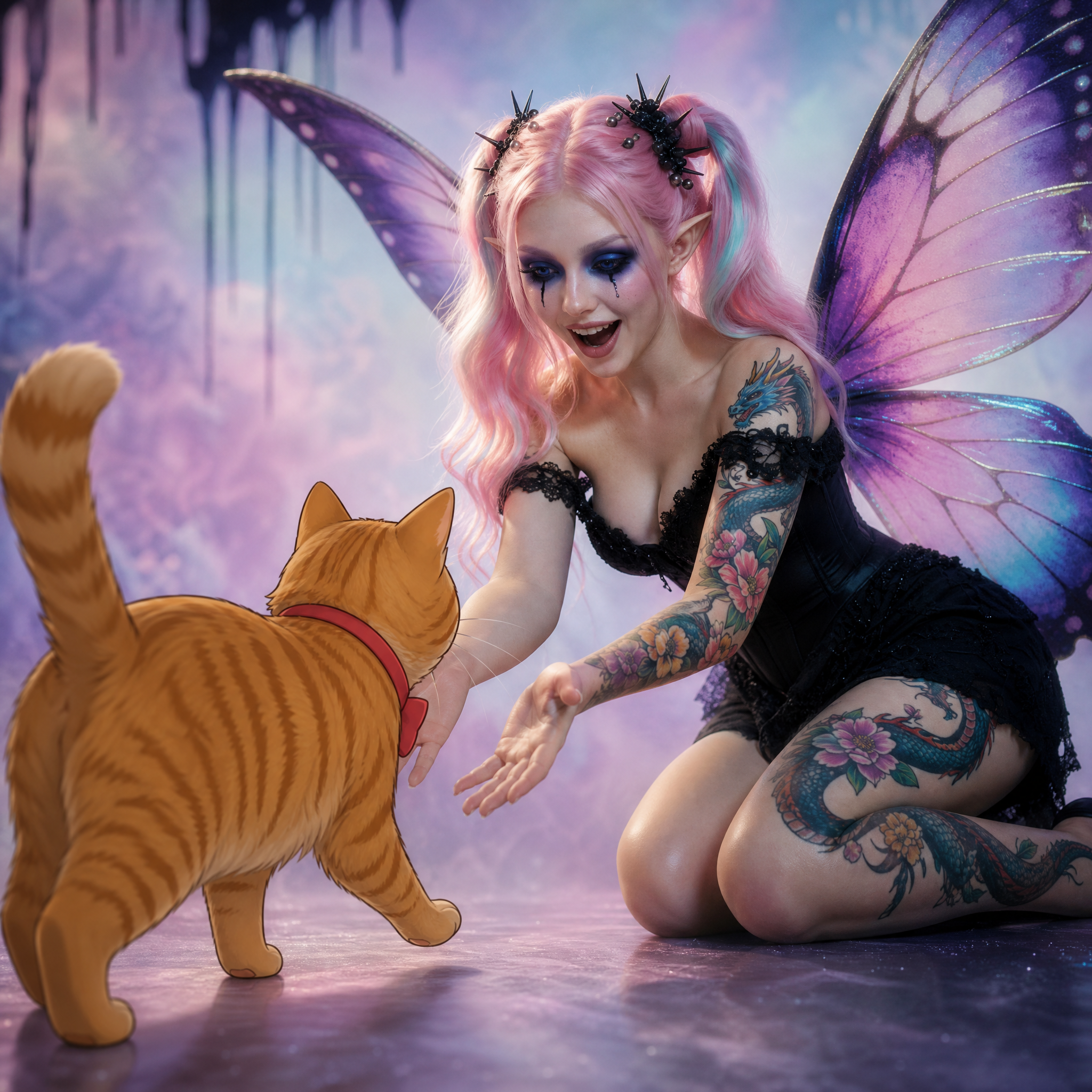 Pastel goth fairy with butterfly wings kneels to greet an orange tabby cat in a magical fantasy cave