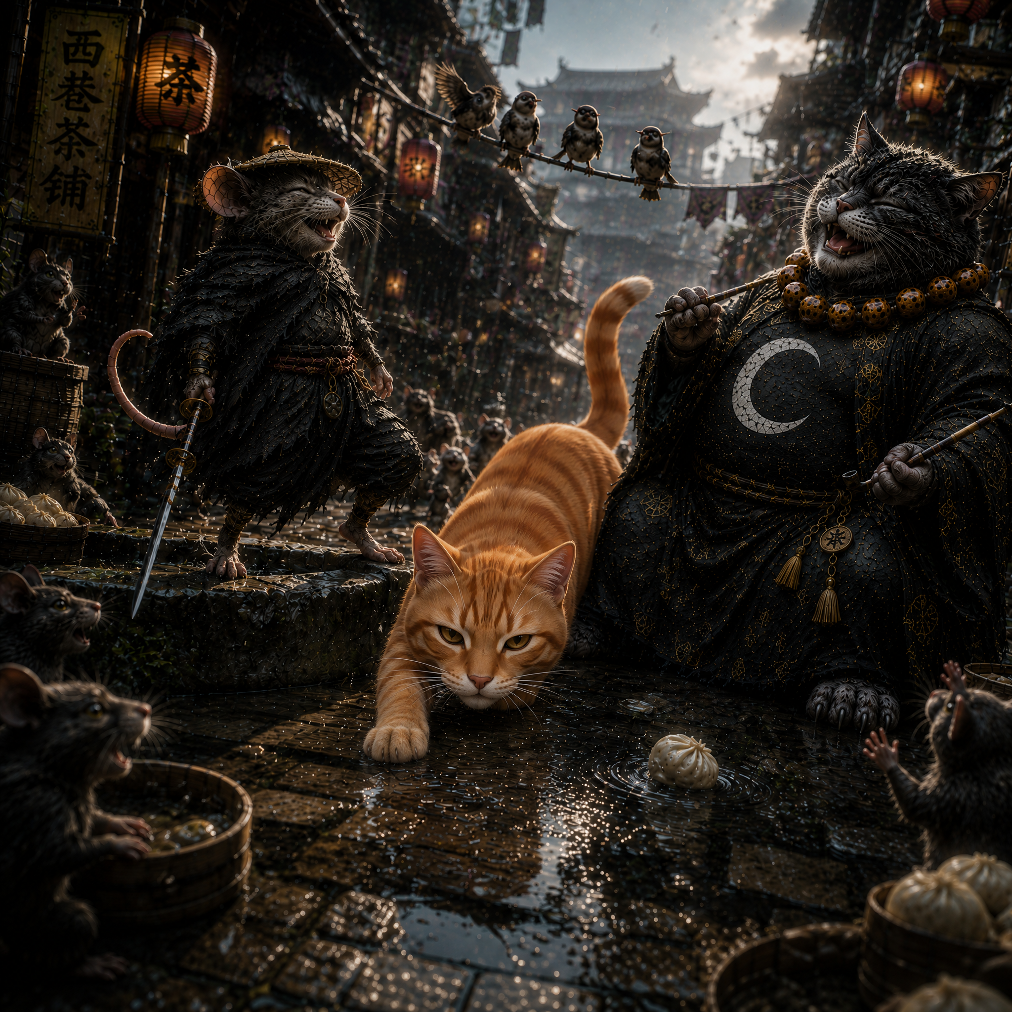 [Anthropomorphic samurai mouse, robed cat monk, and orange tabby share a playful moment in a rainy fantasy East Asian mark...