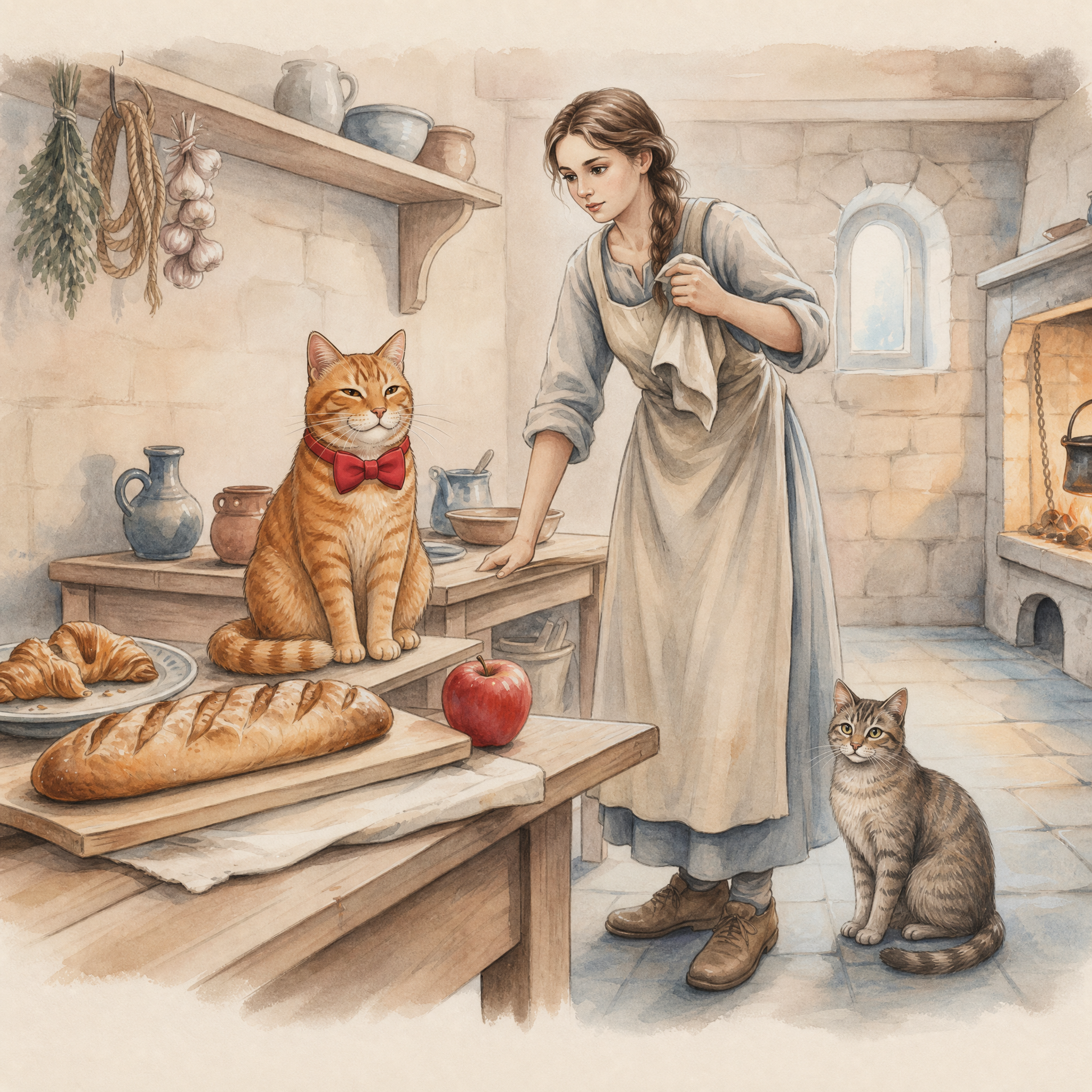 Watercolor illustration of a cottage kitchen maid with two tabby cats beside baked goods in a sunlit stone kitchen