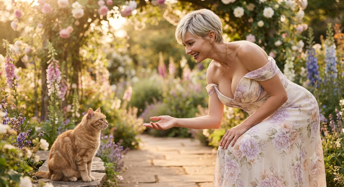 Smiling woman in floral gown reaches out to a sitting orange tabby cat in a sunlit blooming cottage rose garden at golden ...