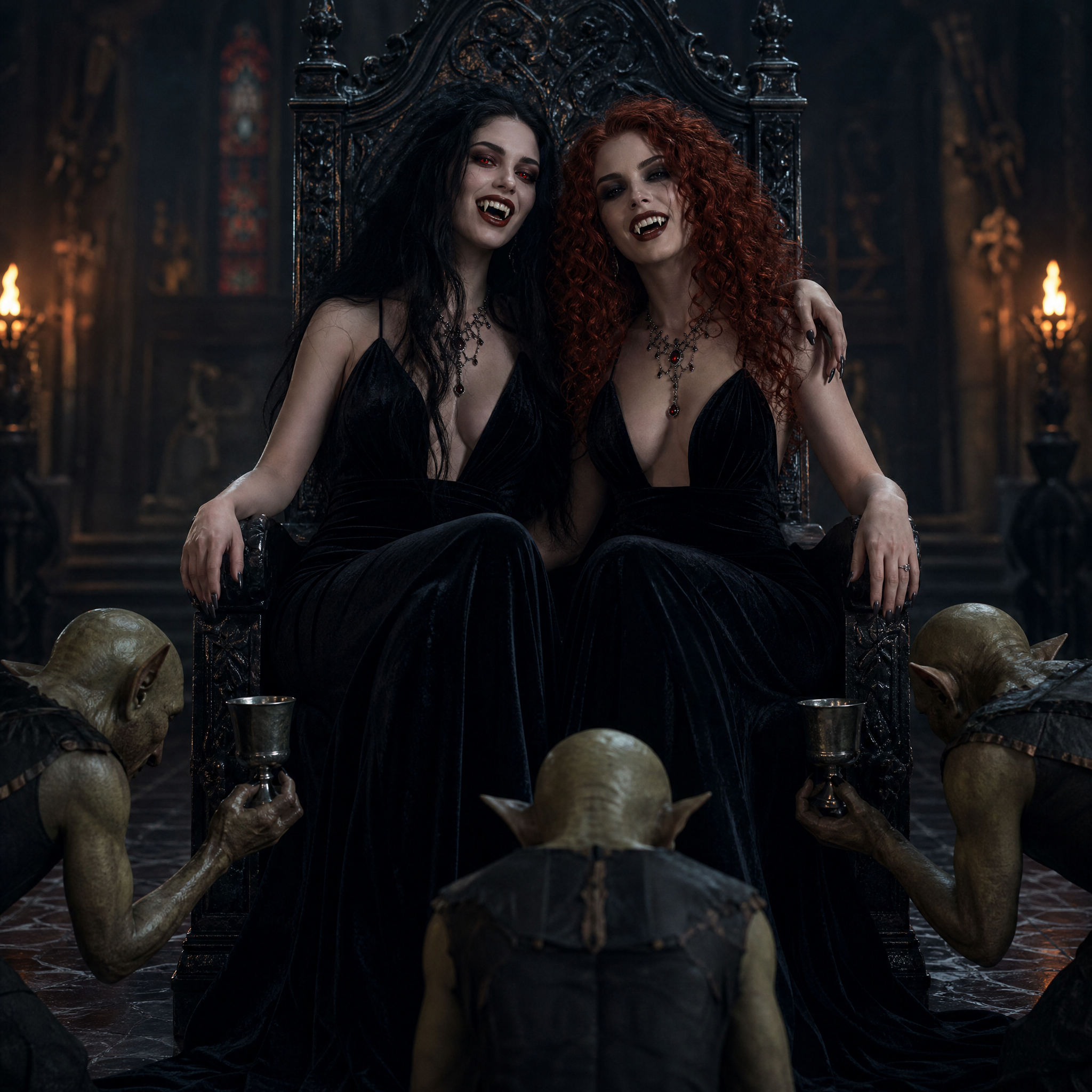 [Two fanged vampire women sit on an ornate black throne as goblin servants kneel offering goblets in a dark gothic castle ...