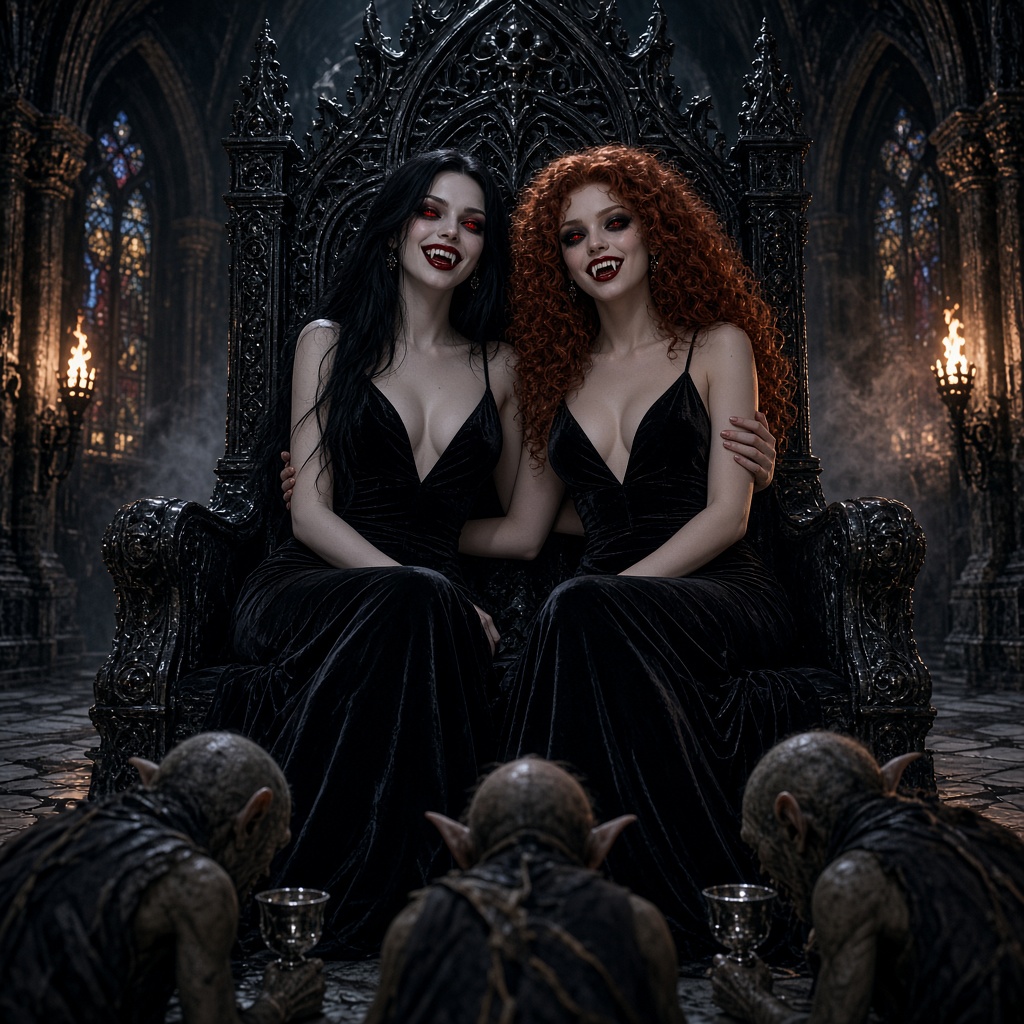 Two smiling vampire women in black gowns sit on an ornate gothic throne as goblin servants bow before them in a dark castl...