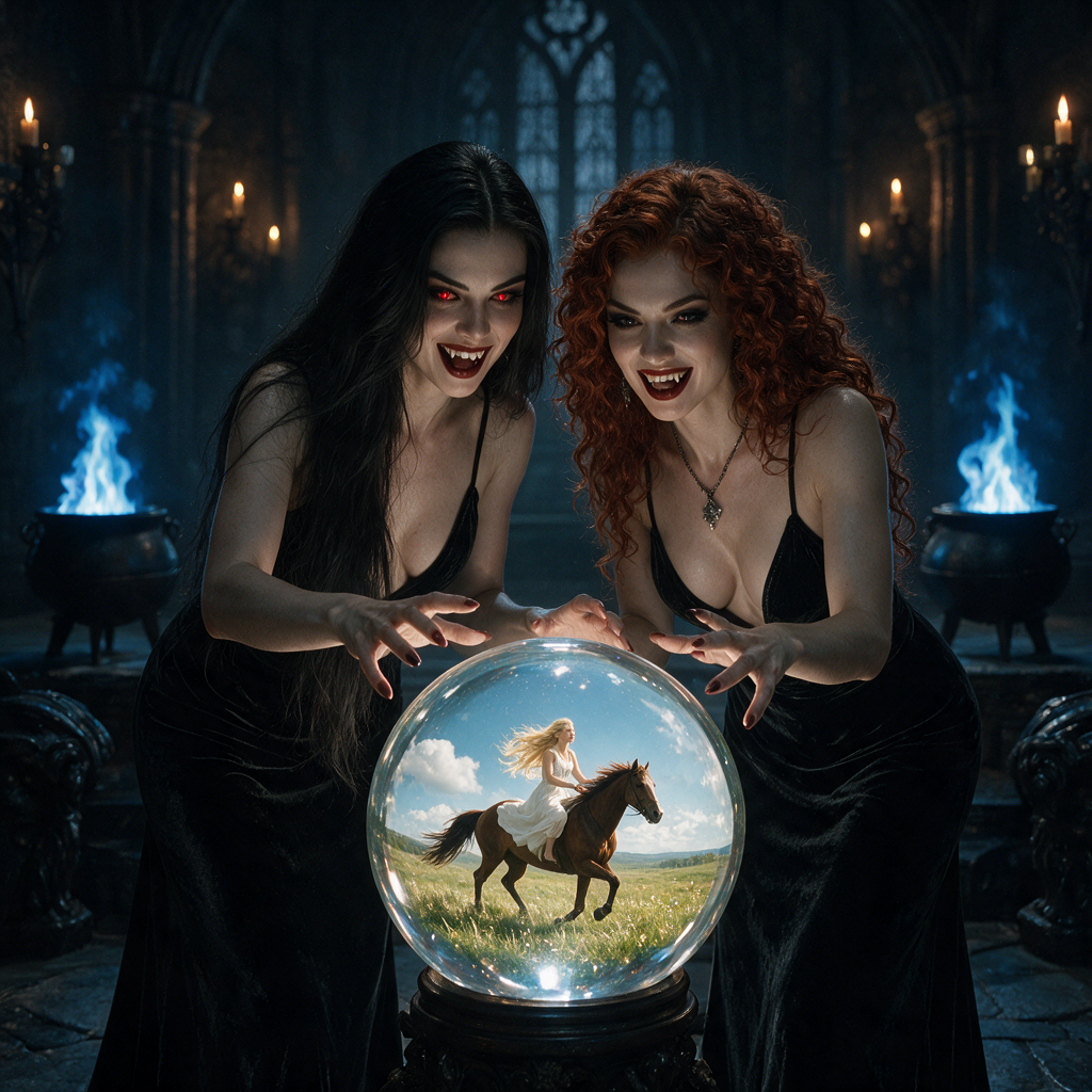 [Two grinning fanged vampire women lean over a glowing crystal ball displaying a horseback rider in a gothic candlelit cha...