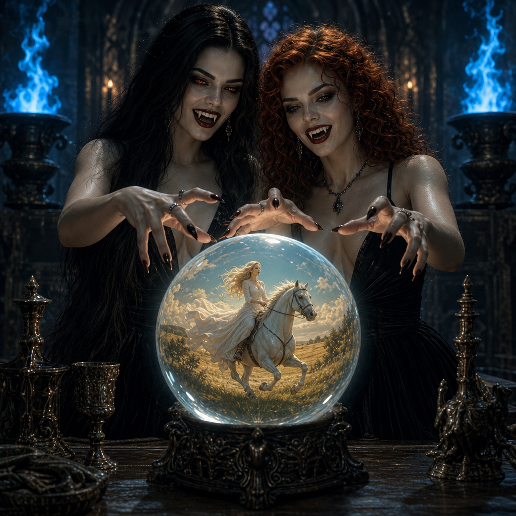 [Two sinister vampire women reach for a crystal ball displaying a vision of a woman riding a white horse inside a dark got...