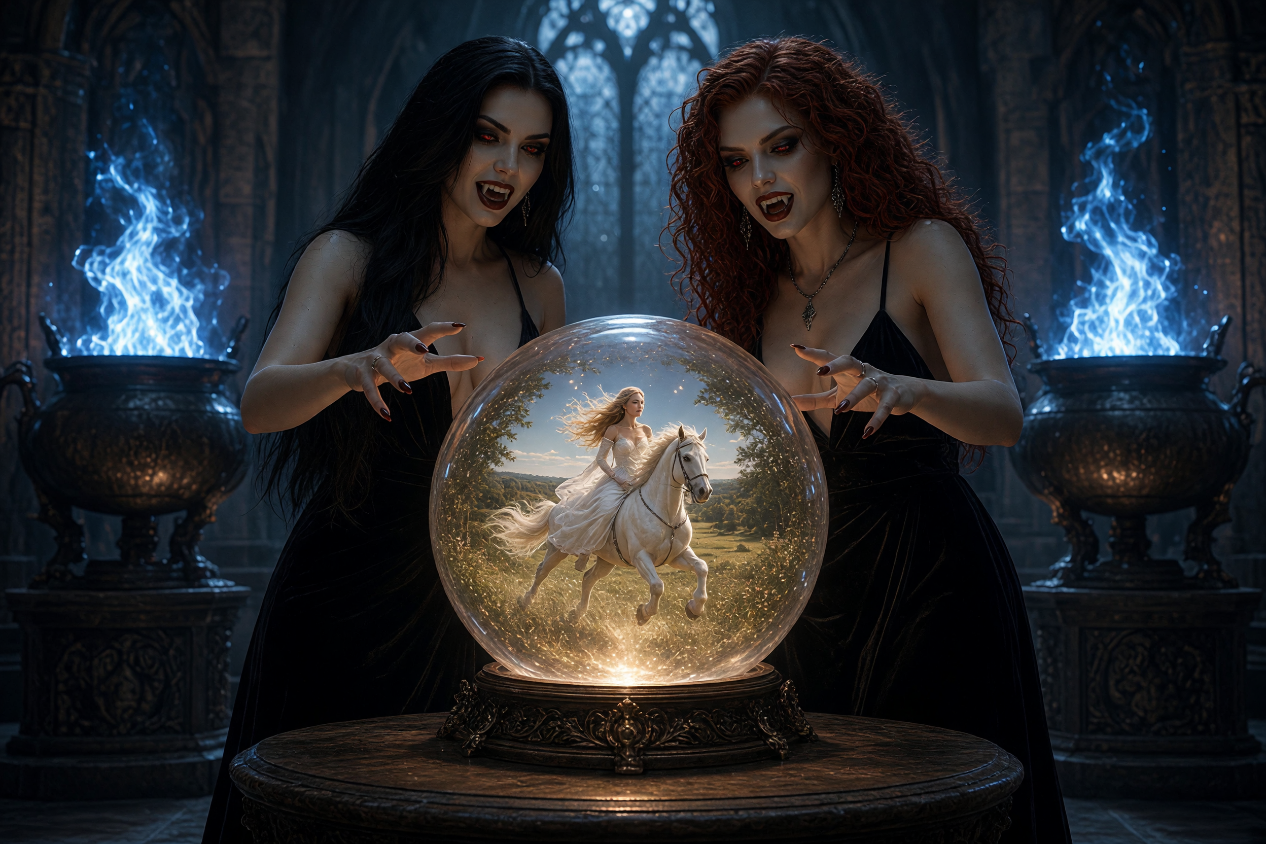 Two sinister vampire sorceresses lean over a glowing crystal ball showing a horseback rider, flanked by blue fire braziers...
