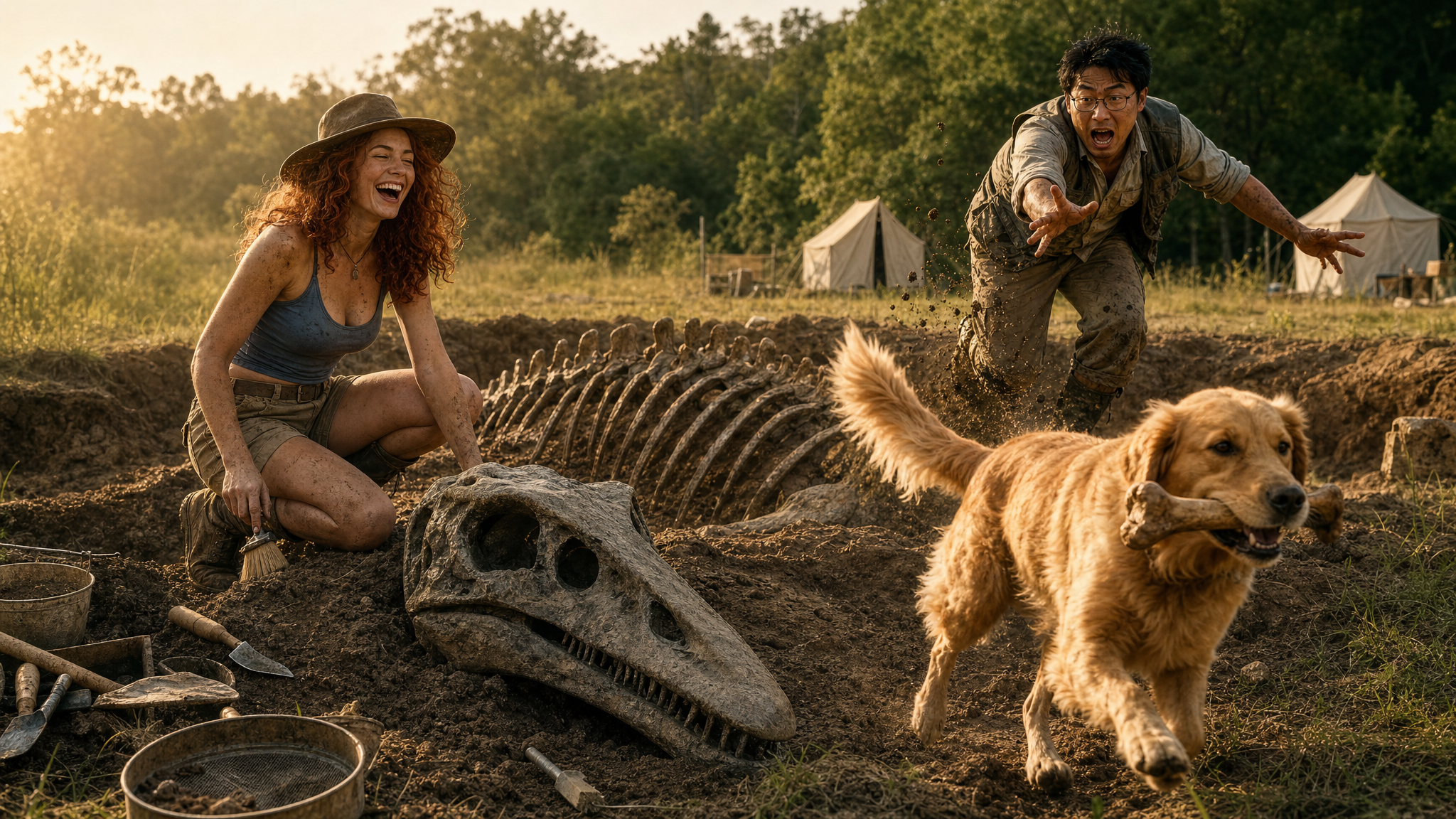 Laughing archaeologist and panicked man watch a golden retriever run off with a bone from an unearthed dinosaur fossil dig...