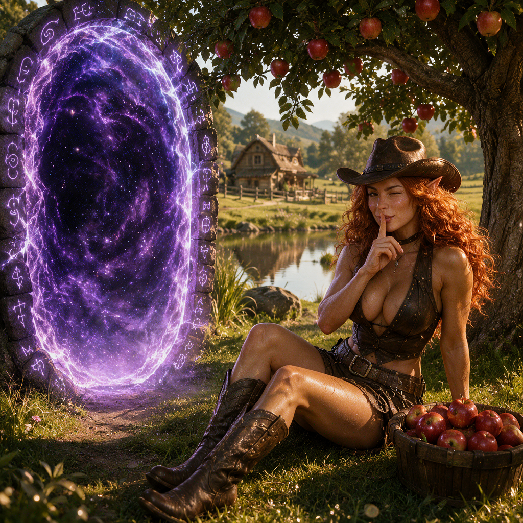 [Red-haired elven cowgirl shushes beside a glowing purple rune magic portal under an apple tree in sunlit pastoral country...