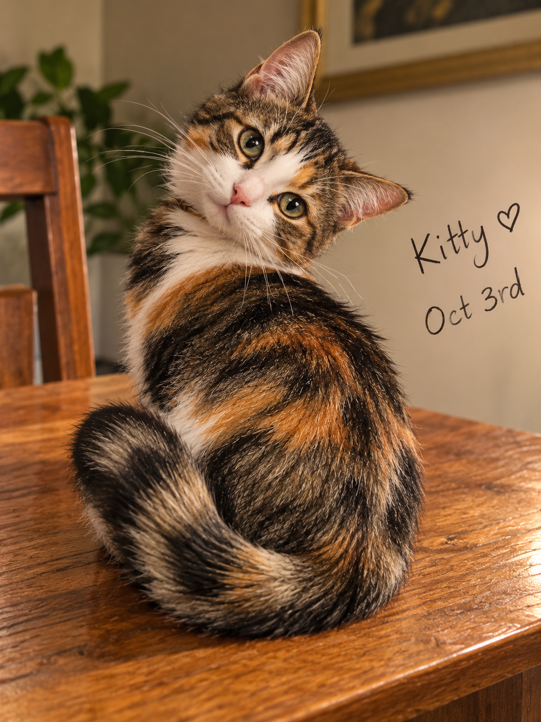 Calico tabby kitten tilts its head quizzically while sitting on a polished wooden dining table looking at the camera