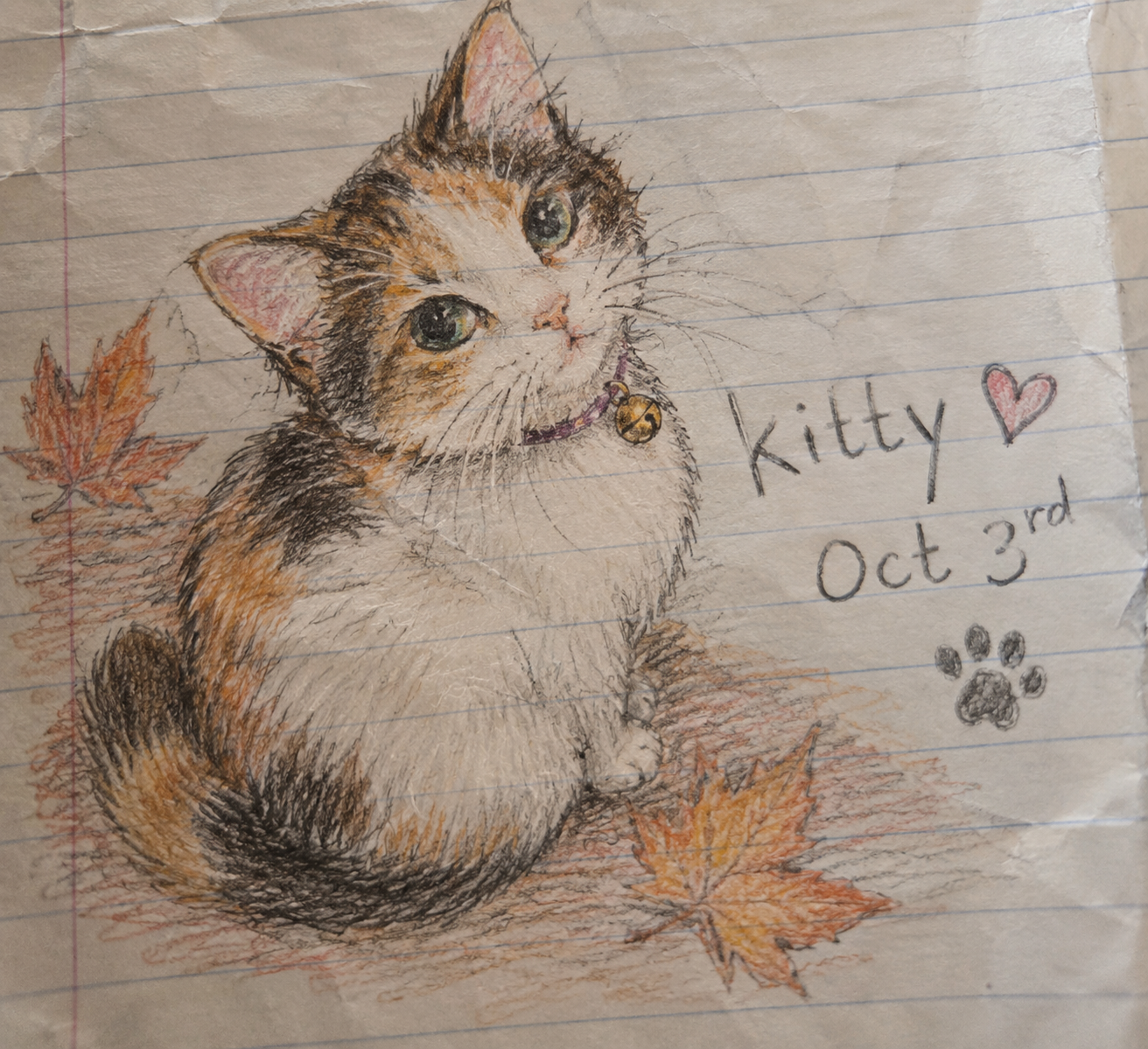 Colored pencil sketch of a fluffy calico kitten with a bell collar sitting among fall maple leaves on lined notebook paper
