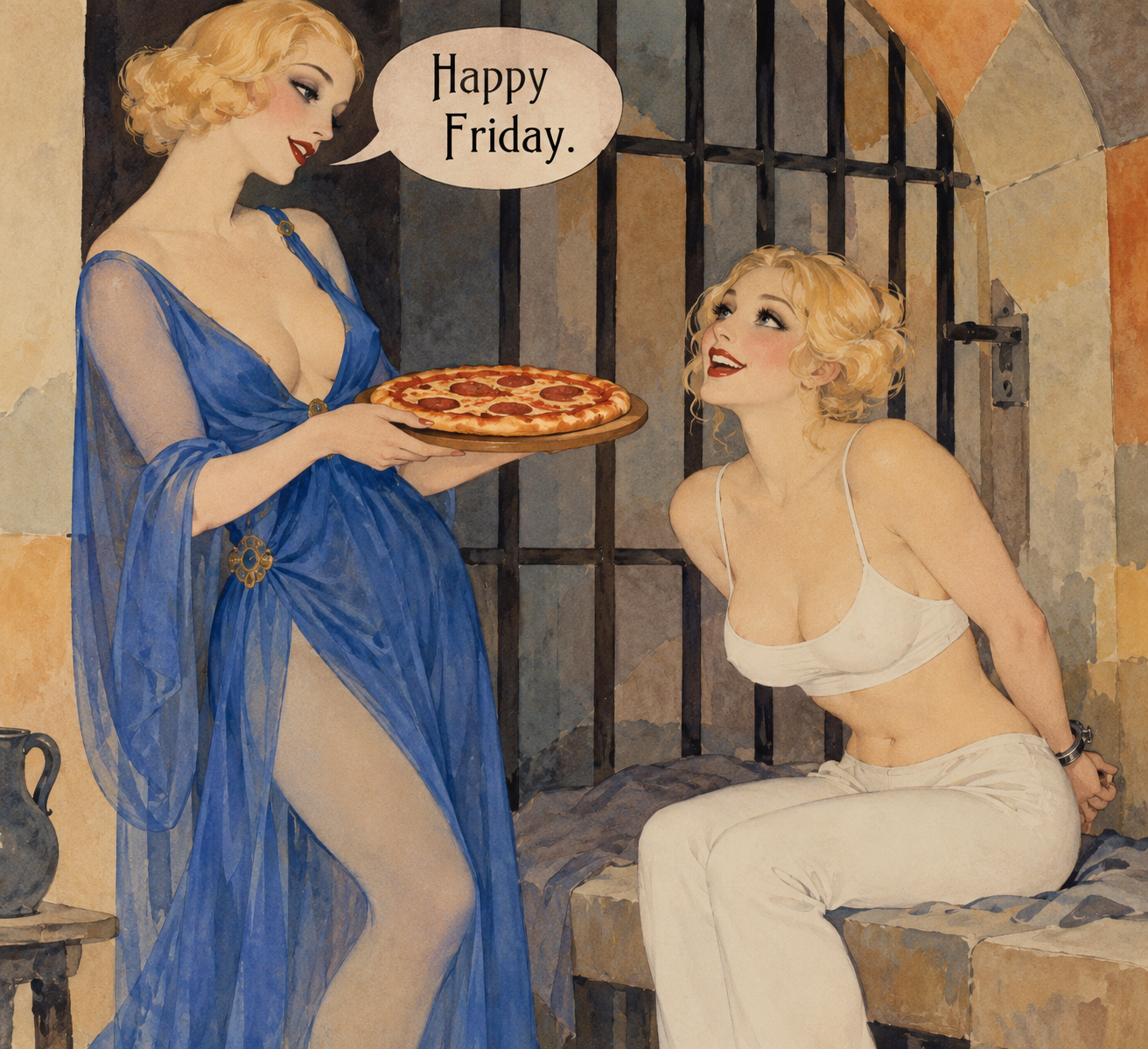 Glamorous woman offers pizza to a seated prisoner beneath a Happy Friday speech bubble in a jail cell