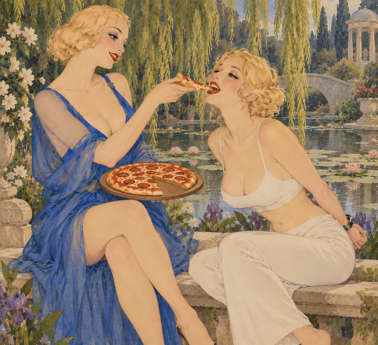 Two glamorous vintage-style women sharing pepperoni pizza while seated by a lily pond in a formal garden