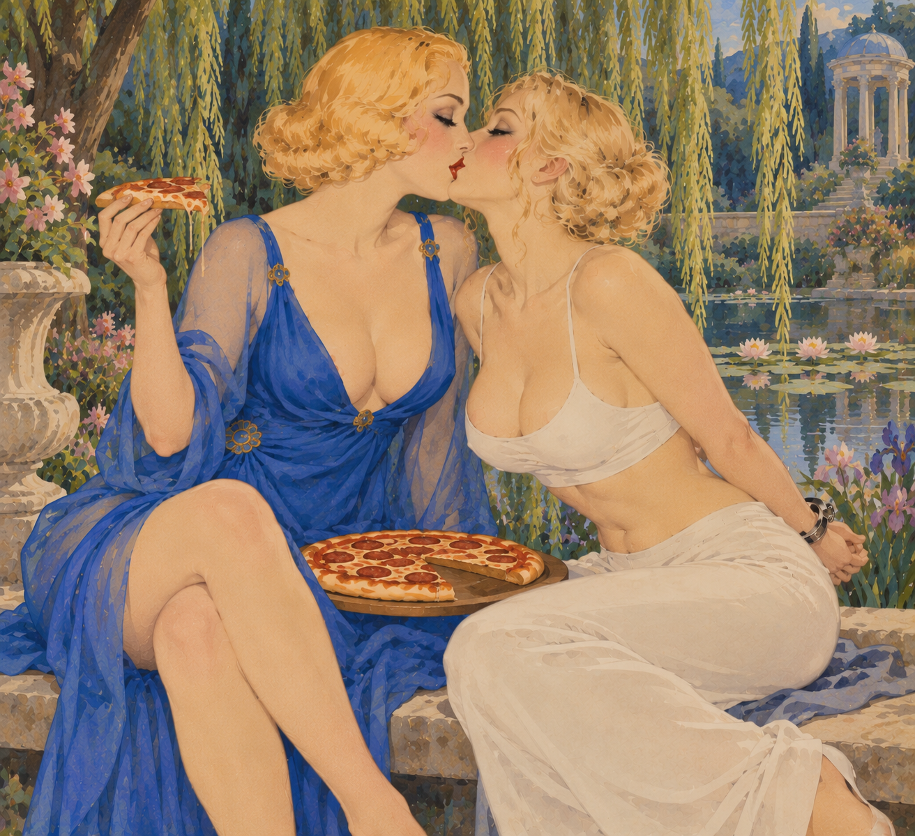 Two blonde women share a kiss and pepperoni pizza seated beside a lily pond in a classical garden