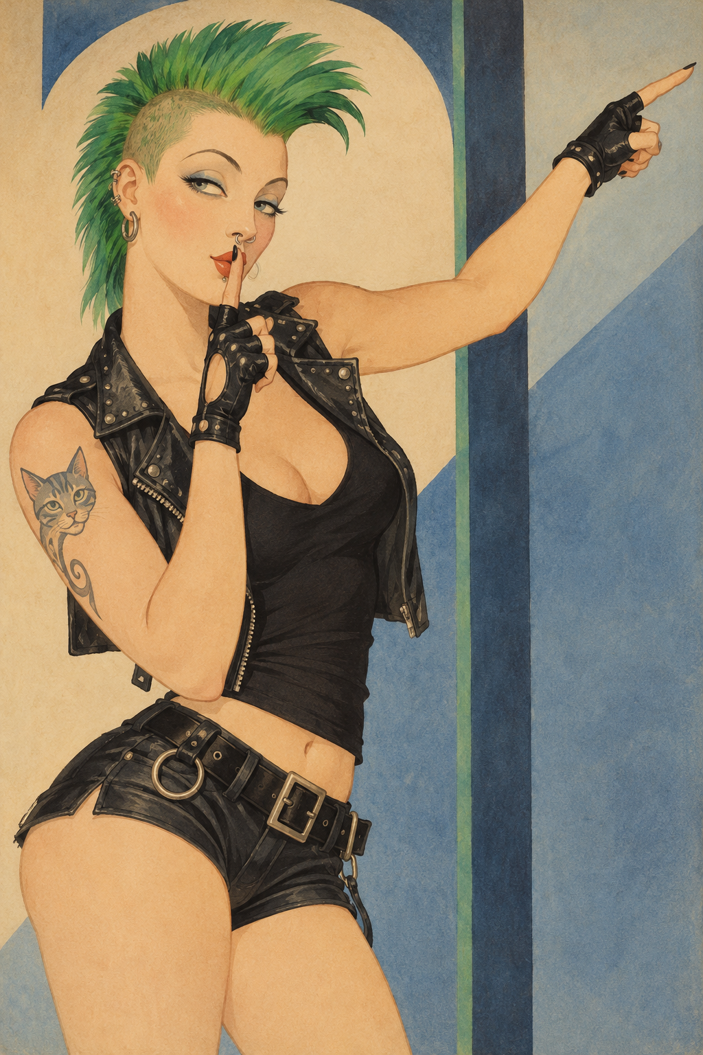 Punk woman with green mohawk holds a shushing finger to her lips while pointing outward
