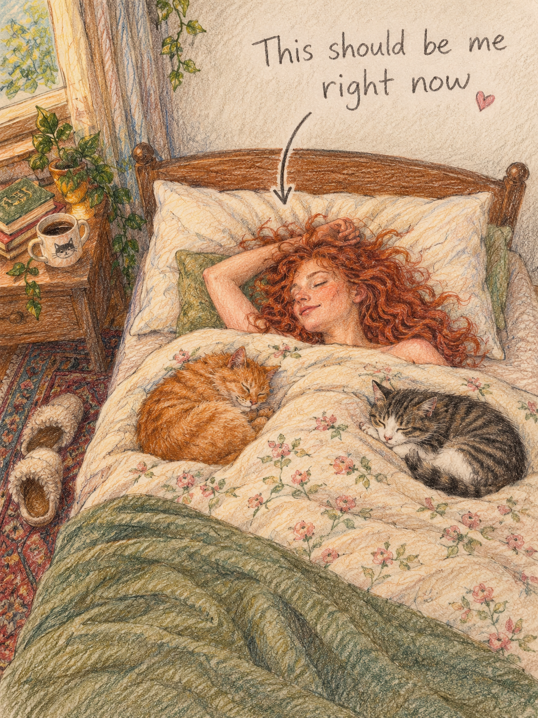 Curly red haired woman rests peacefully in bed with two sleeping cats under a playful relatable text overlay