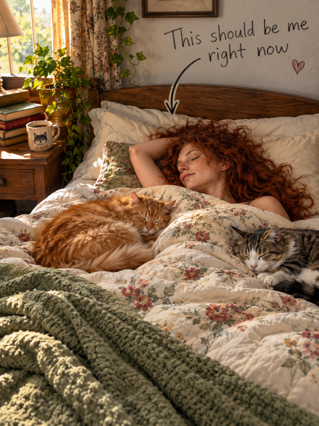 Woman with curly red hair sleeps peacefully in a sunlit bed alongside two napping cats with playful meme text overhead