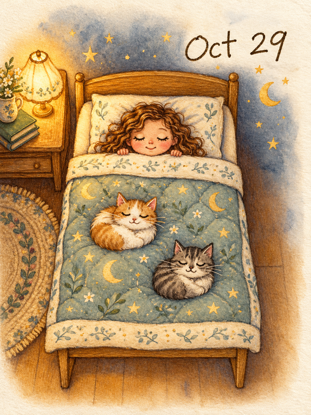 Smiling curly haired girl in bed with two sleeping cats in a cozy starry bedroom marked Oct 29