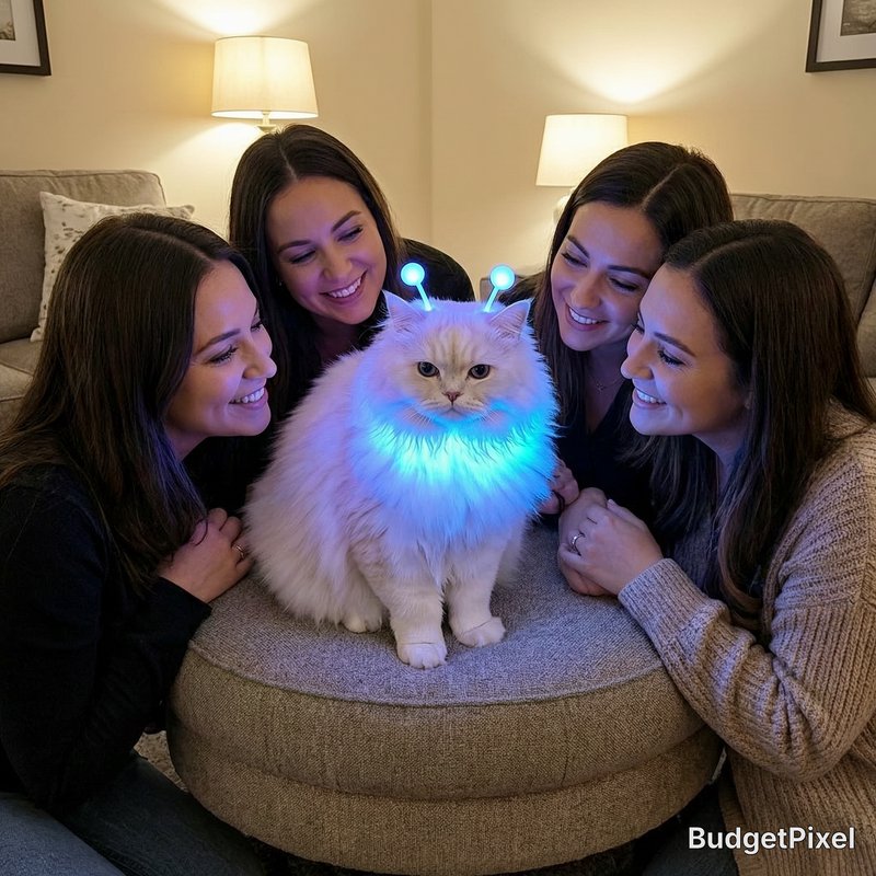 Fluffy white cat with blue LED antennae surrounded by four smiling women on a beige circular ottoman.