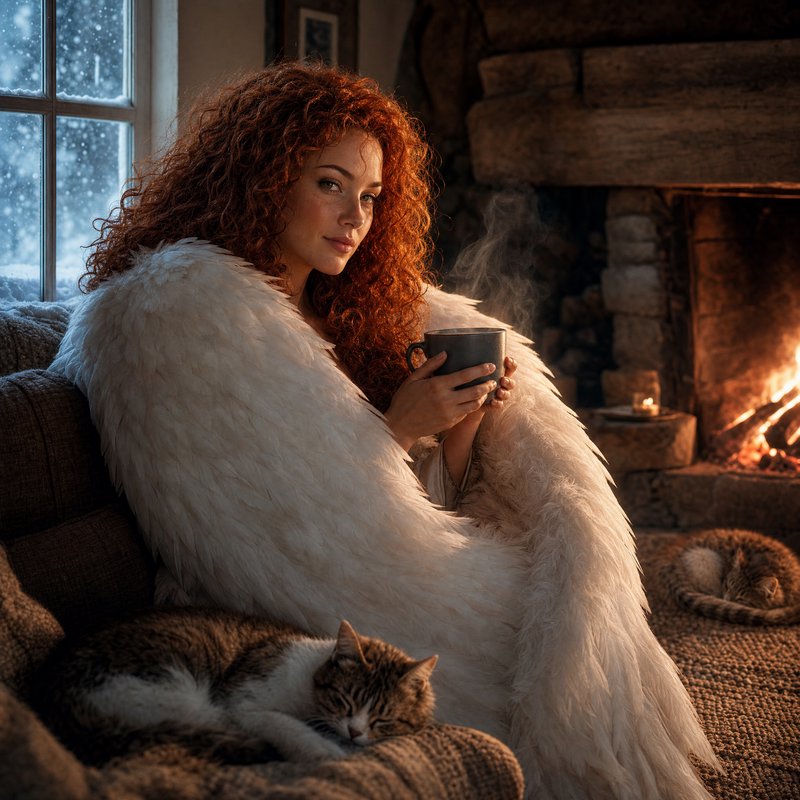 A woman with red curly hair sits by a lit fireplace, wrapped in a fluffy white blanket, holding a mug.